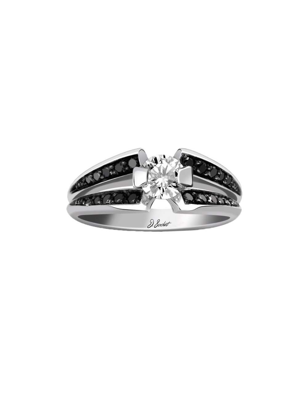 Bague de fiançailles D.Bachet avec diamant blanc 0.50 ct, monture platine et diamants noirs.