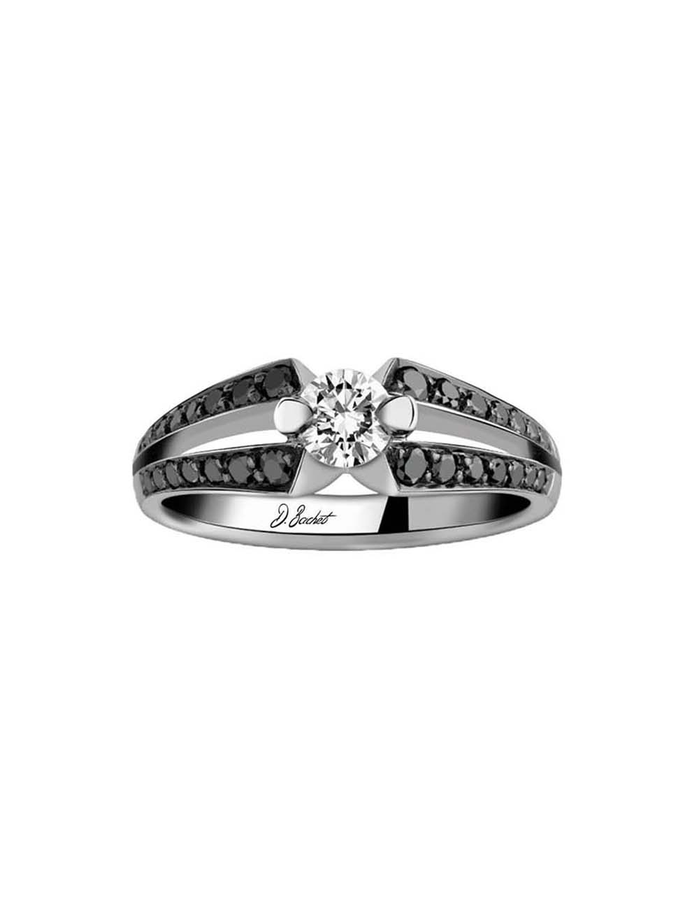 Modern engagement ring set with a 0.30 carat white diamond and black diamonds