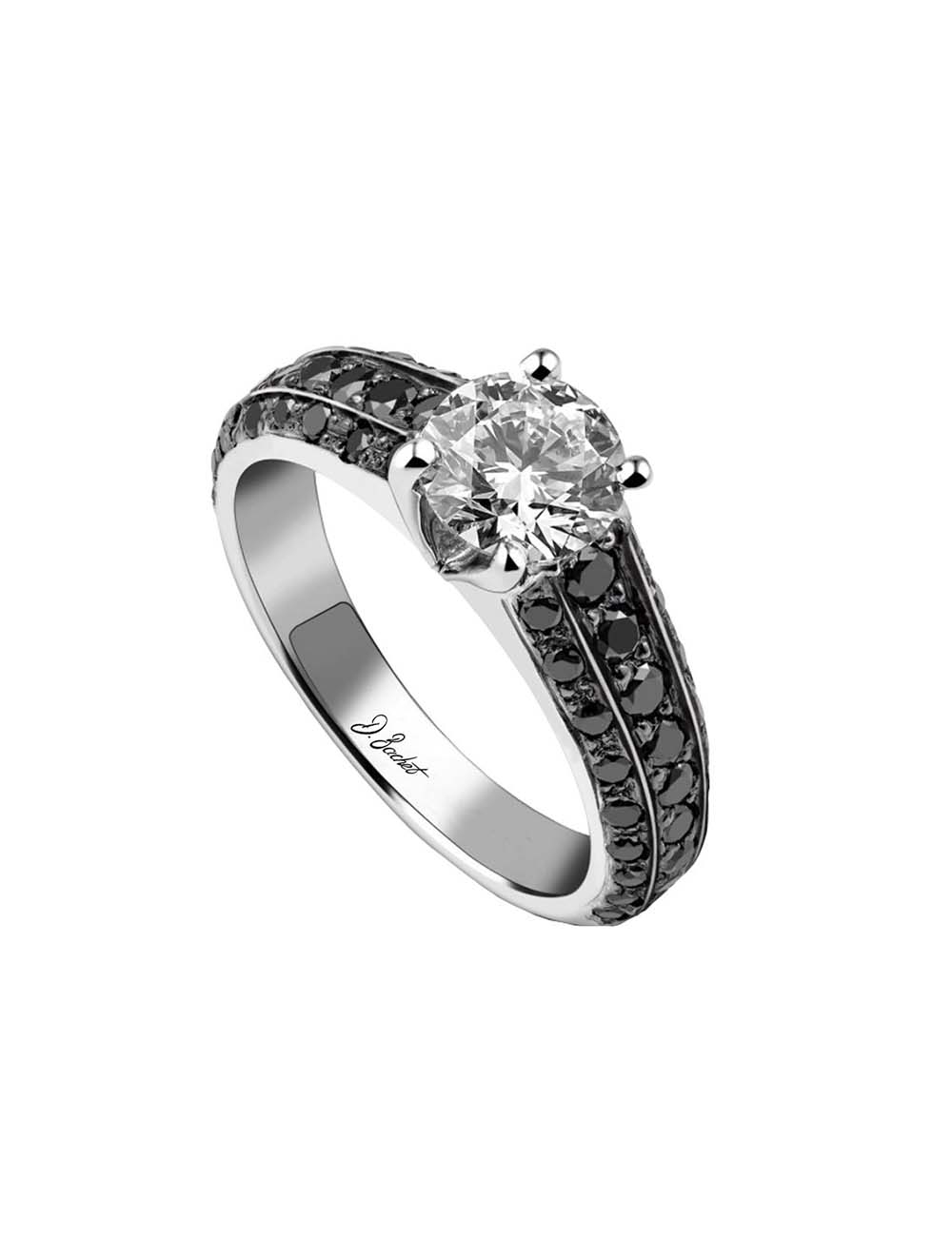 Modern platinum engagement ring with timeless architectural lines. A 0.80ct white diamond and three rows of black diamonds.