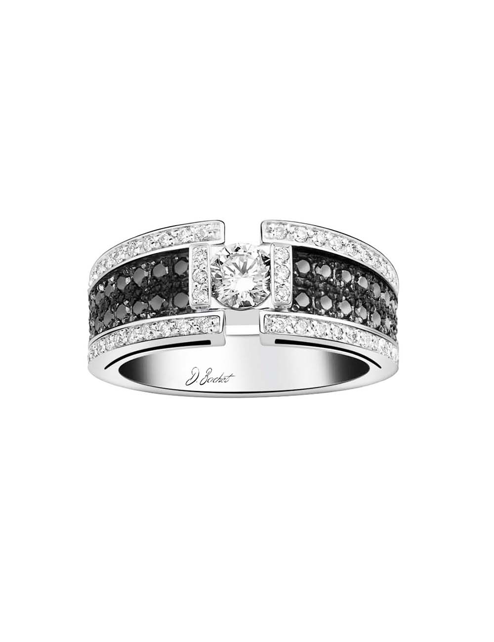Bague de luxe pour femme, le diamant blanc taille brillant de 0,30 ct est rehaussé par un pavé de diamants blancs et noirs.