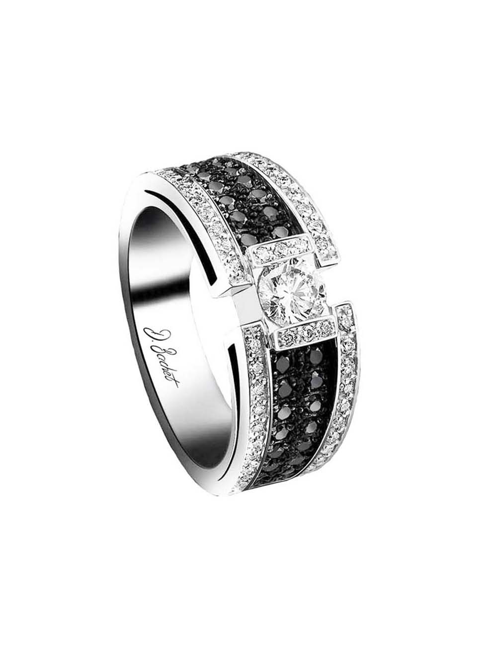Bague luxe femme sertie d'un diamant blanc de 0.50 carat et un pavage de diamants blancs et noirs