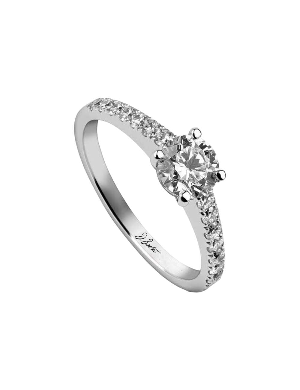 Engagement ring set with a 0.50 carat brilliant-cut white diamond and prong set white diamonds.