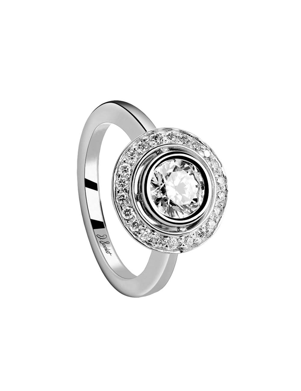 Bague de fiançailles entourage en platine sertie d'un diamant blanc de 1 carat et d'un halo de diamants.