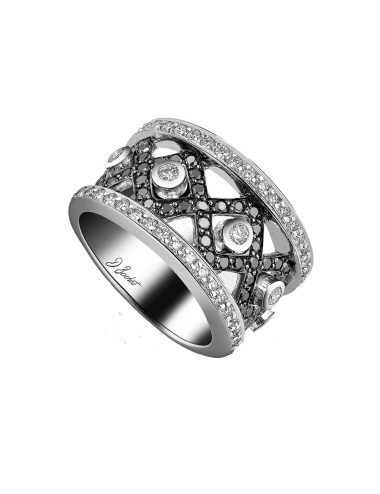 Unique and ultra modern women's ring in platinum, white diamonds and black diamonds