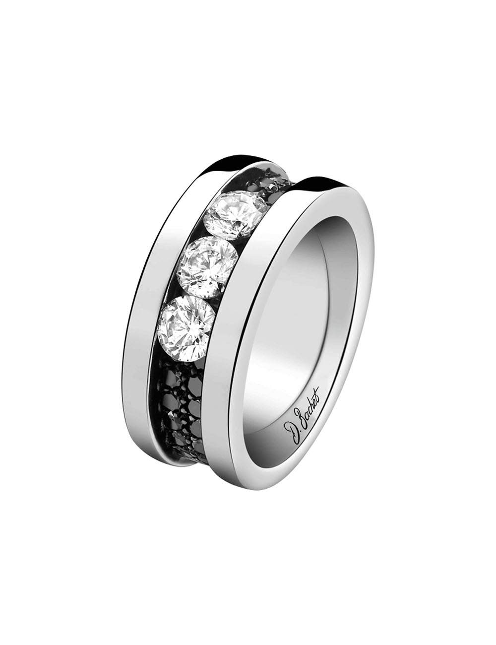 Modern trilogy ring for women set with 3 white diamonds of 0.30 carat each and black diamonds