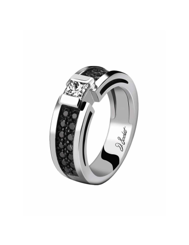 An engagement ring for women set with a 0.30 carat princess-cut white diamond highlighted by black diamonds
