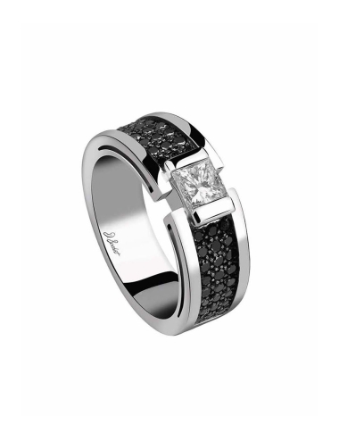 A 0.50 carat princess-cut white diamond highlight by a modern platinum and black diamonds shank.