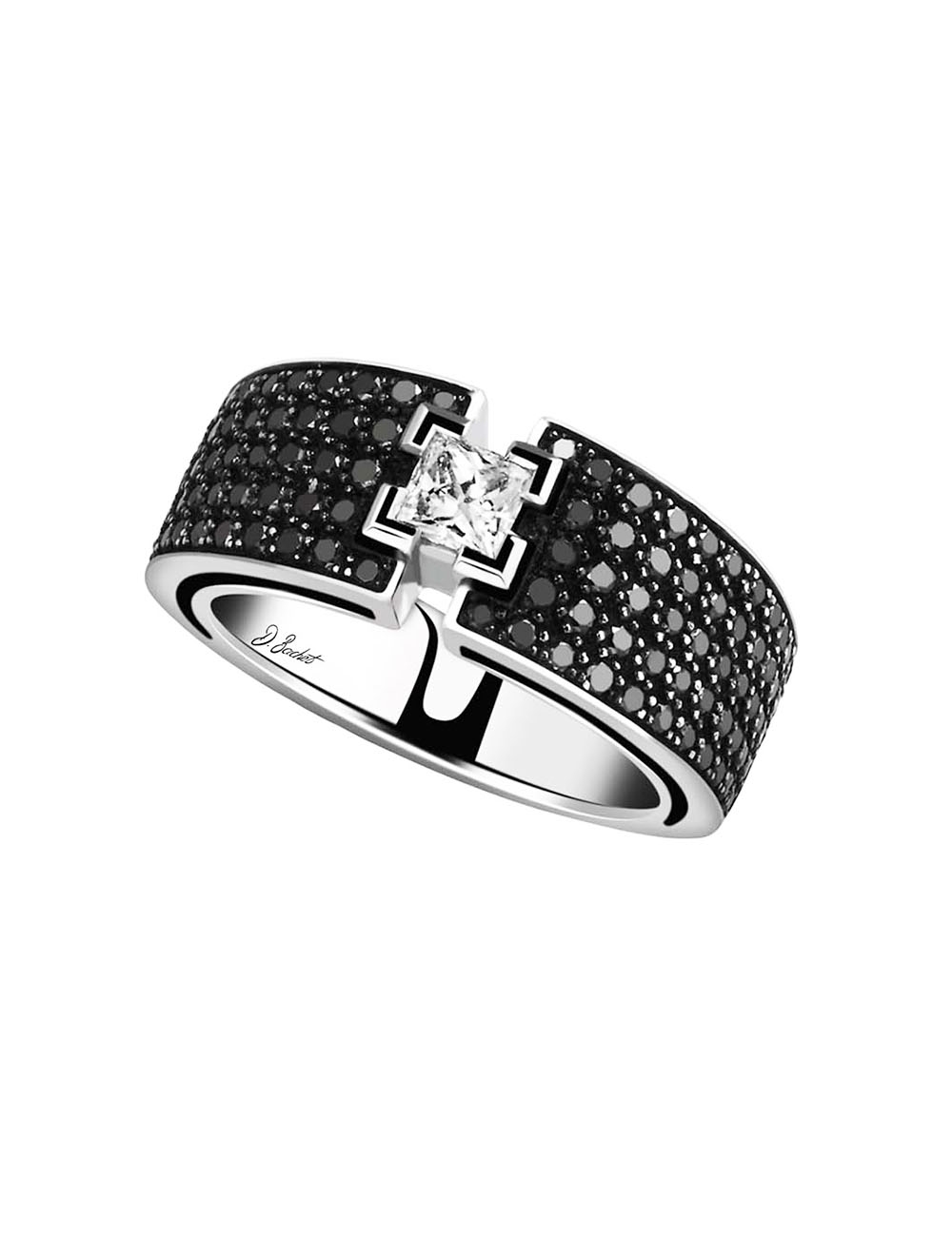 Bague luxe femme: diamant blanc princesse 0.60 ct, entouré de diamants noirs.