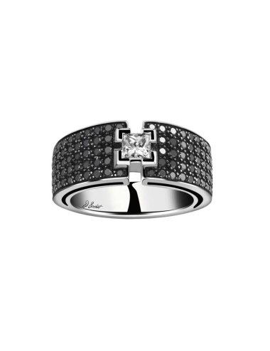 Luxury an ultra modern ring for women set with a 0.30 carat princess-cut white diamond and black diamonds