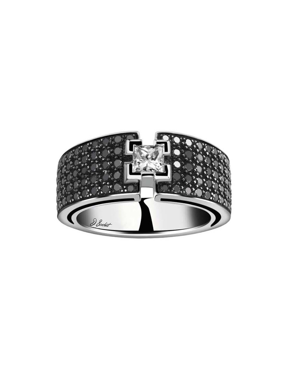 Princess cut 0.30 ct white diamond engagement ring with black diamond pavé setting.