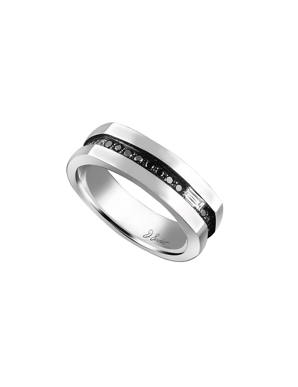 Luxury men's ring in platinum, black diamonds and a baguette-cut white diamond
