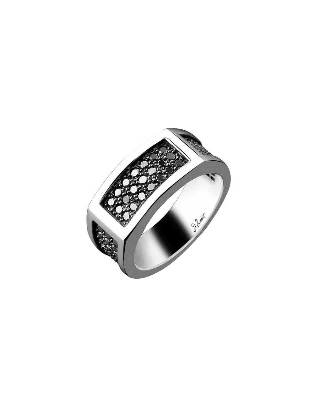 Bague homme platine avec pavage de diamants noirs, un choix exceptionnel pour une bague de fiançailles unique et audacieuse.