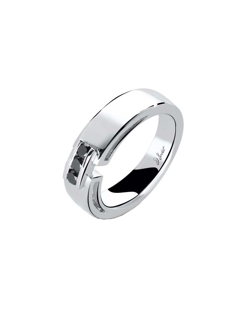 Contemporary platinum men's ring set with three black diamonds.