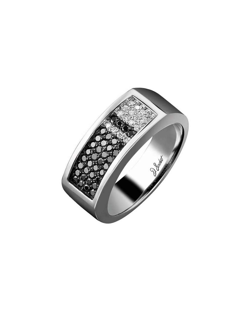 Platinum signet ring with 52 white and black diamonds, embodying strength and confidence, perfect for the audacious man.