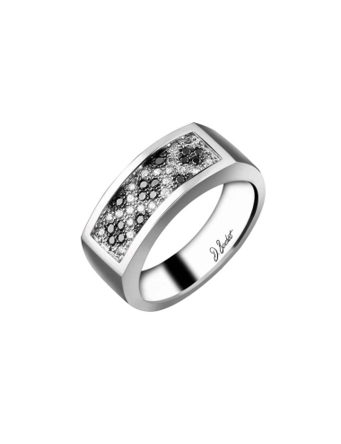 Luxury signet ring for women in platinum and a black and white diamonds pavé.