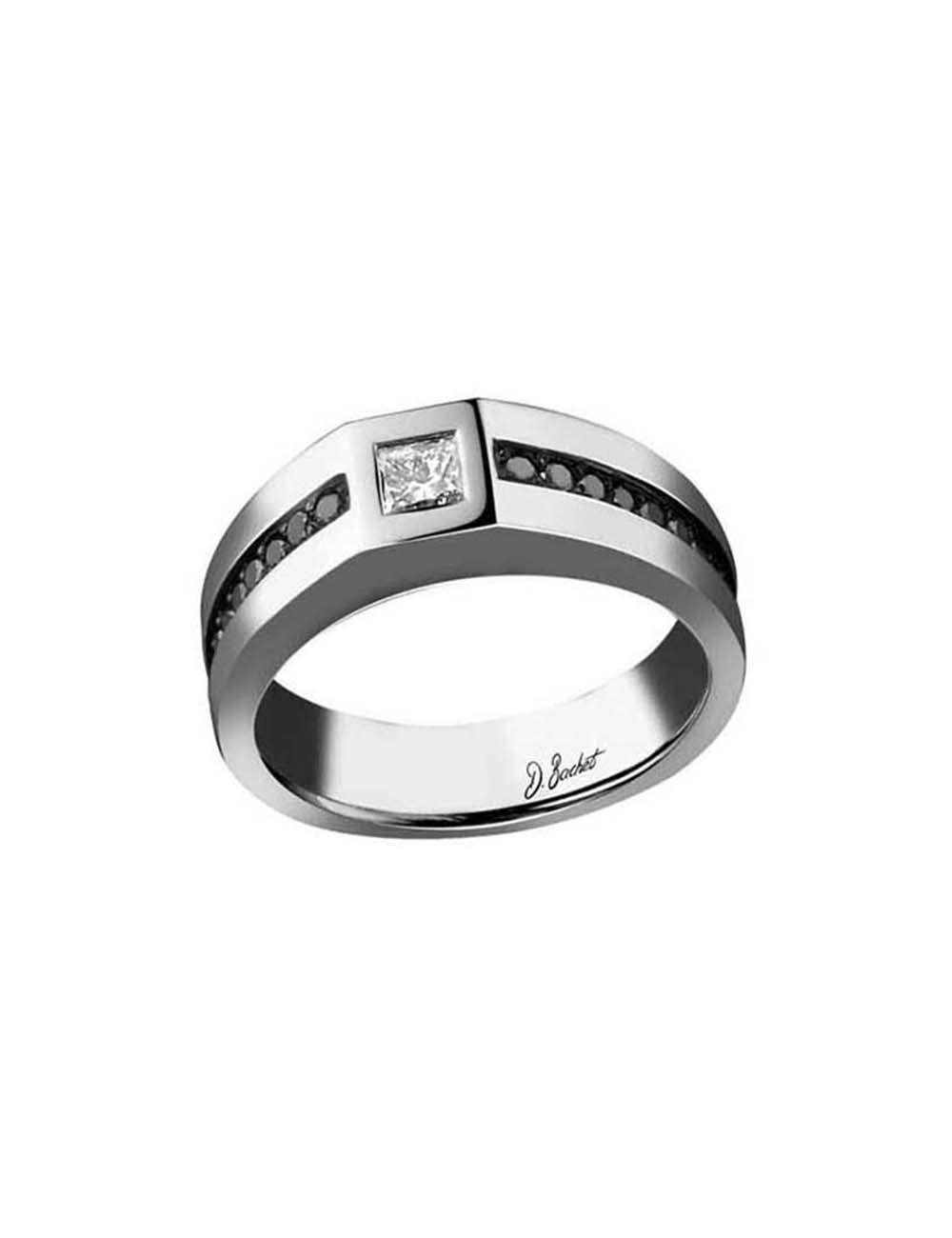 Bague homme en platine, diamant blanc et diamants noirs