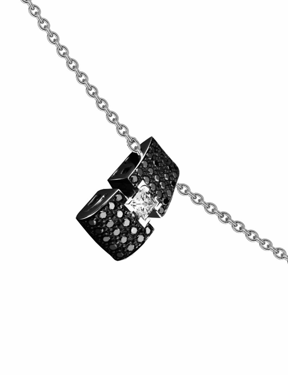 A luxury pendant for women, a princess-cut 0.30 carat white diamond and a black diamonds pavé