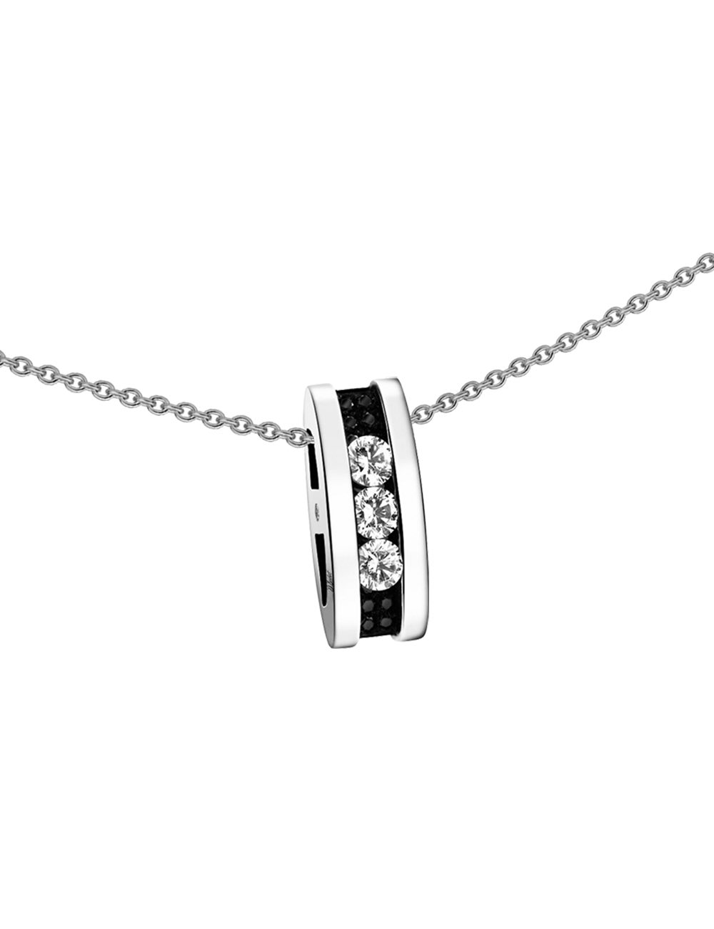 Iconic Trilogy Pendant: 0.15ct diamonds, chic white gold/black contrast, pure elegance.