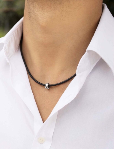 Modern necklace for men in white gold 18k and black diamonds on a black silicone cord