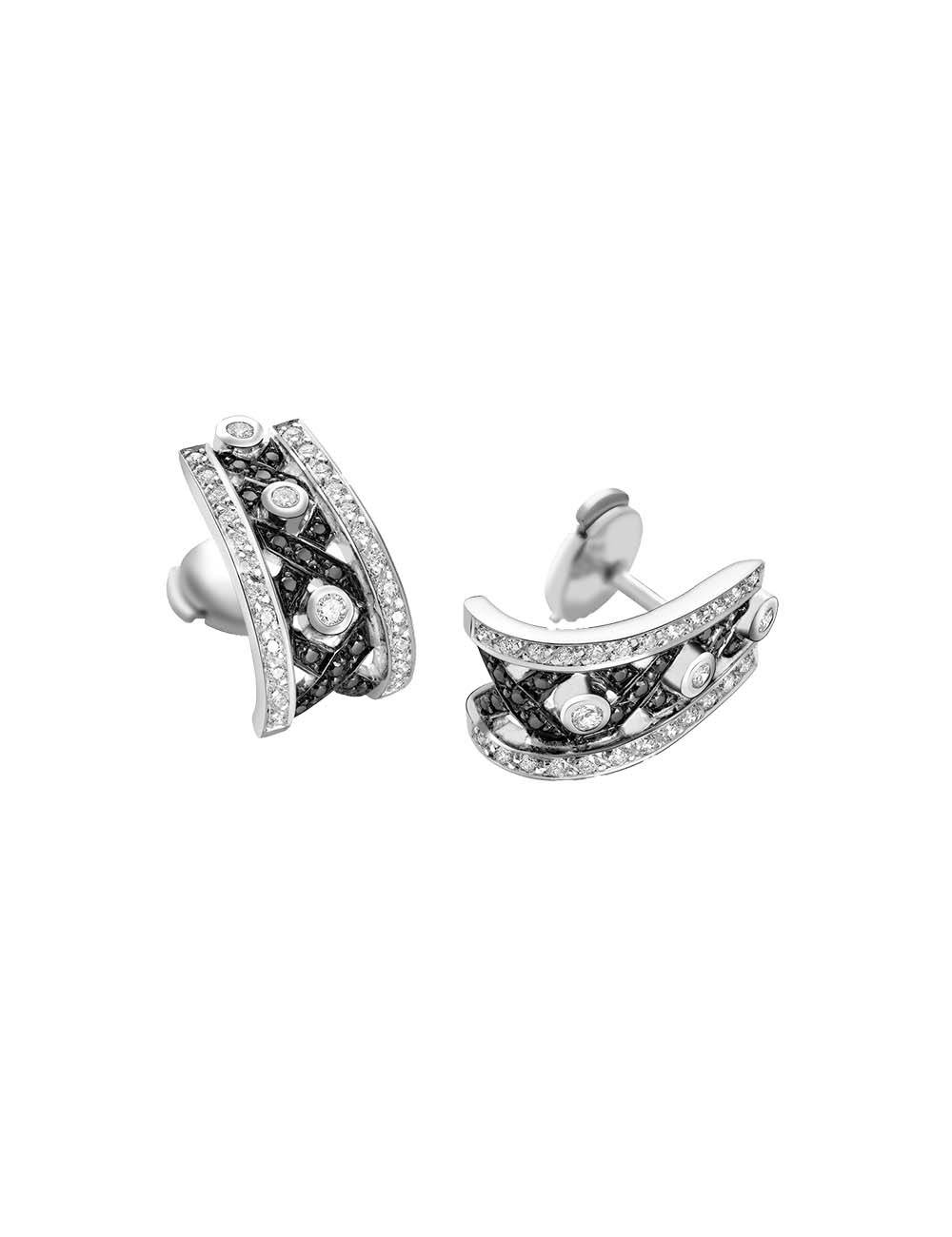 Boucles d'oreilles BlackLight Rock de D.Bachet avec diamants noirs et blancs, symbole d'audace.