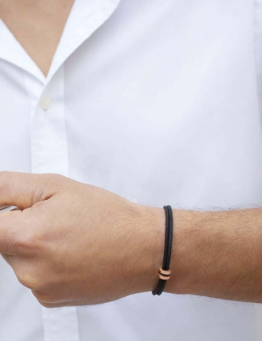 Gift for men : bracelet on an adjustable black cord with sliding knots, in 18k rose gold and black diamonds