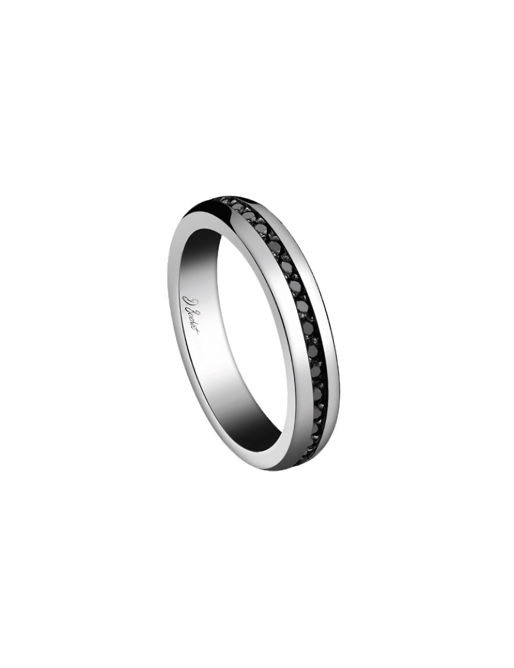 A wedding band for men that is both traditional and modern with the line of black diamonds