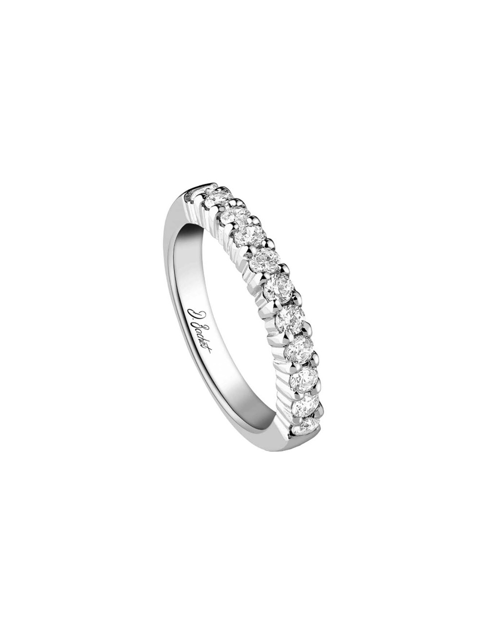 Woman's wedding band featuring sparkling prong-set white diamonds, highlighting delicate craftsmanship.