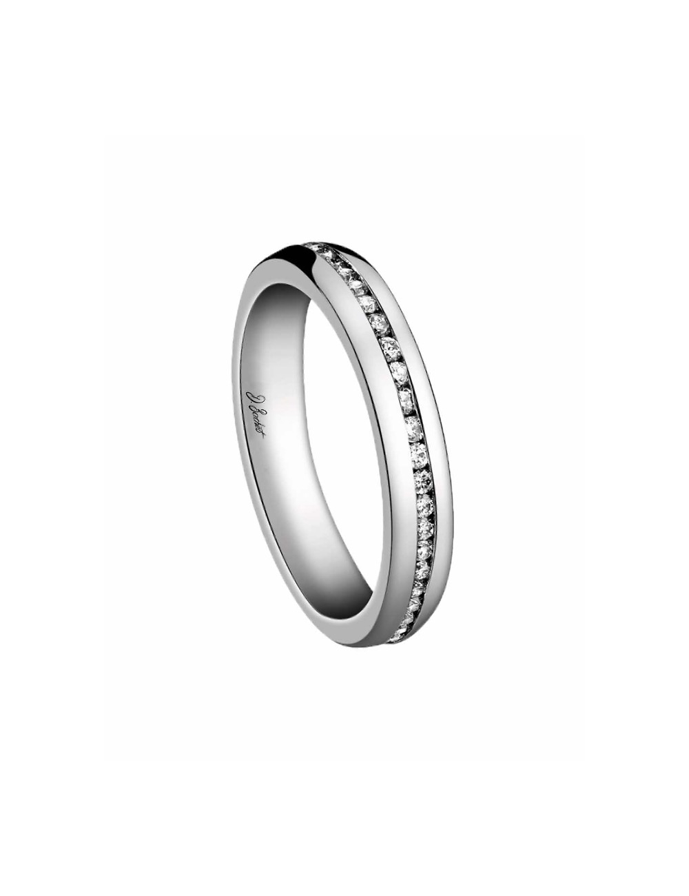 An eternity wedding ring for women in platinum and set with channel-set white diamonds An eternity wedding ring for women in platinum and set with channel-set white diamonds