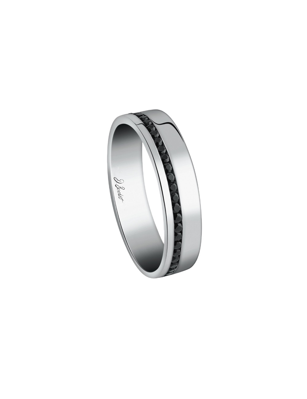 A wedding ring for men ultra modern and elegant with the offset line of black diamonds.