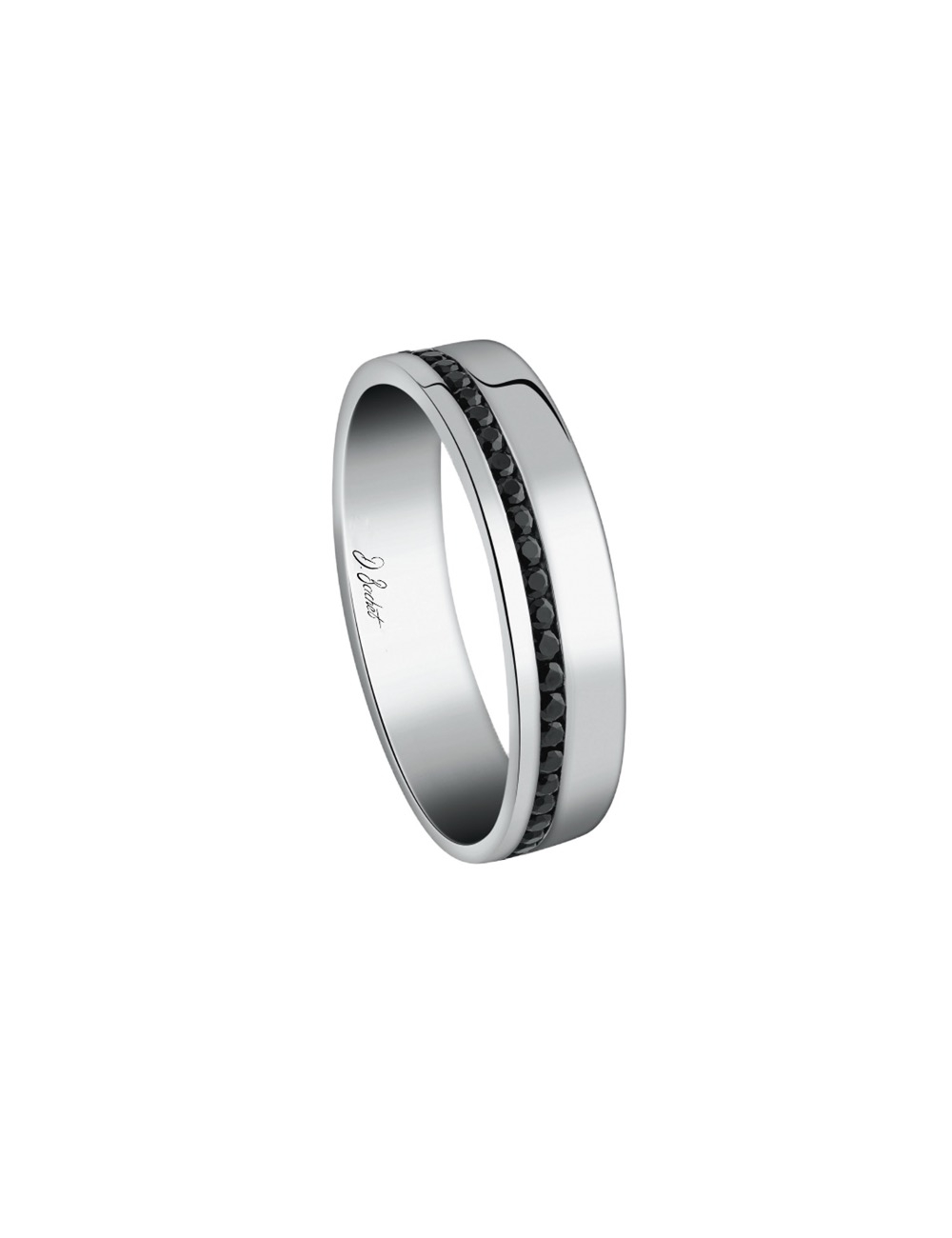 A wedding ring for men ultra modern and elegant with the offset line of black diamonds. A wedding ring for men ultra modern and elegant with the offset line of black diamonds.