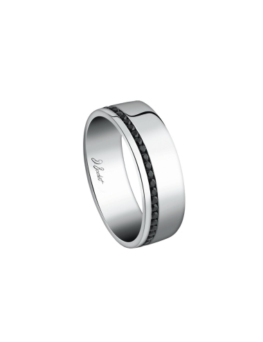 A wedding band for men with a wide and flat design, bold and unique, made of an offset row of black diamonds.