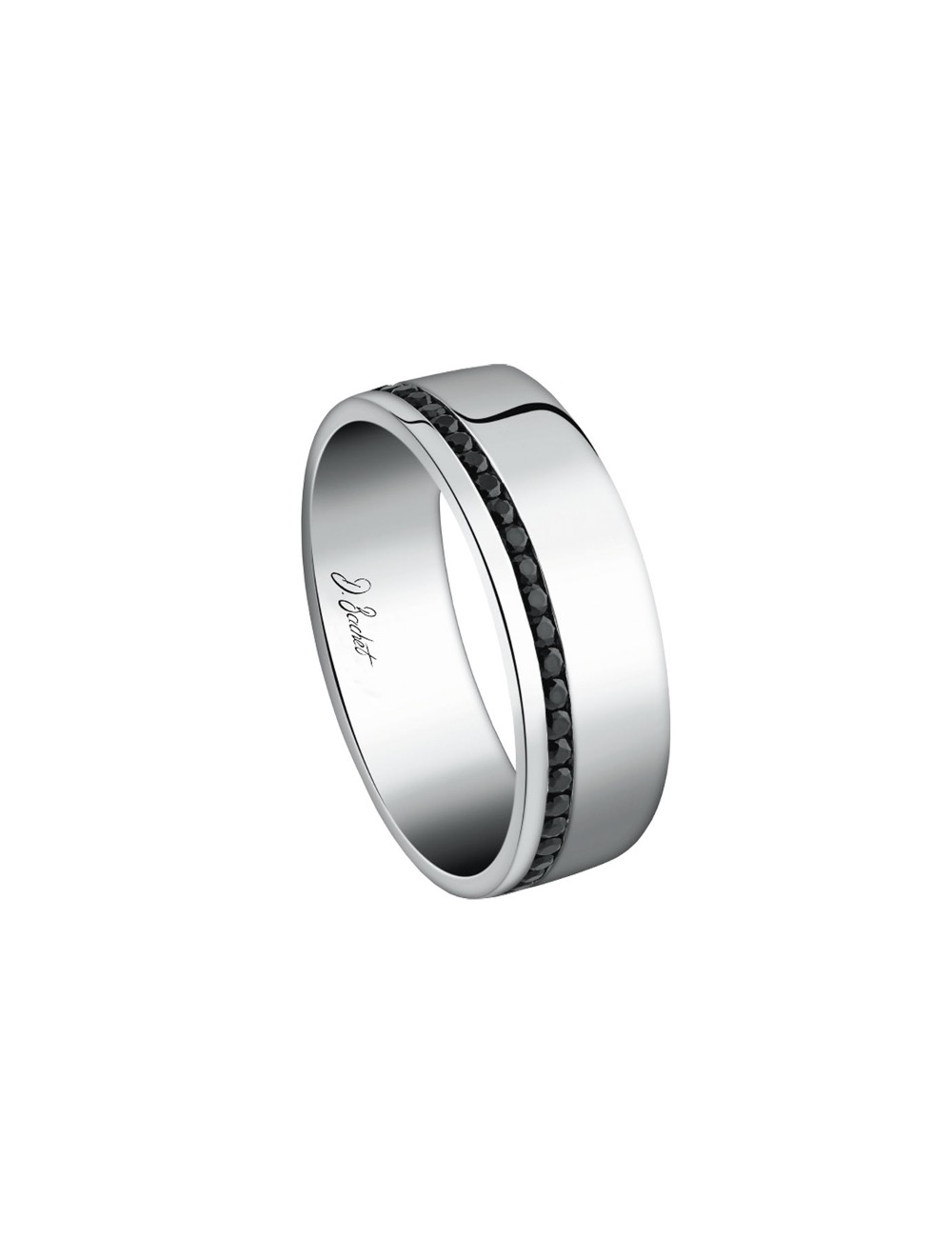 A wedding band for men with a wide and flat design made of an offset row of black diamonds