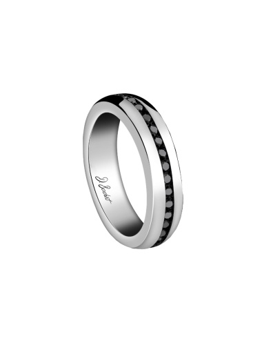 A luxury wedding band for men in platinum and set all around with black diamonds.