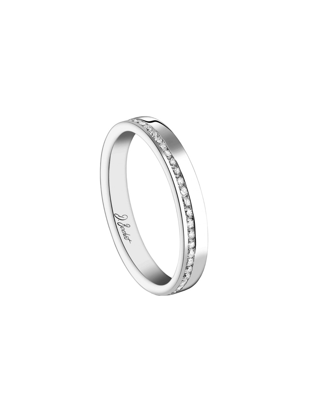 Alliance femme diamant raffinée aux lignes modernes en patine parfaite pour être portée seule ou avec une bague de fiançailles.