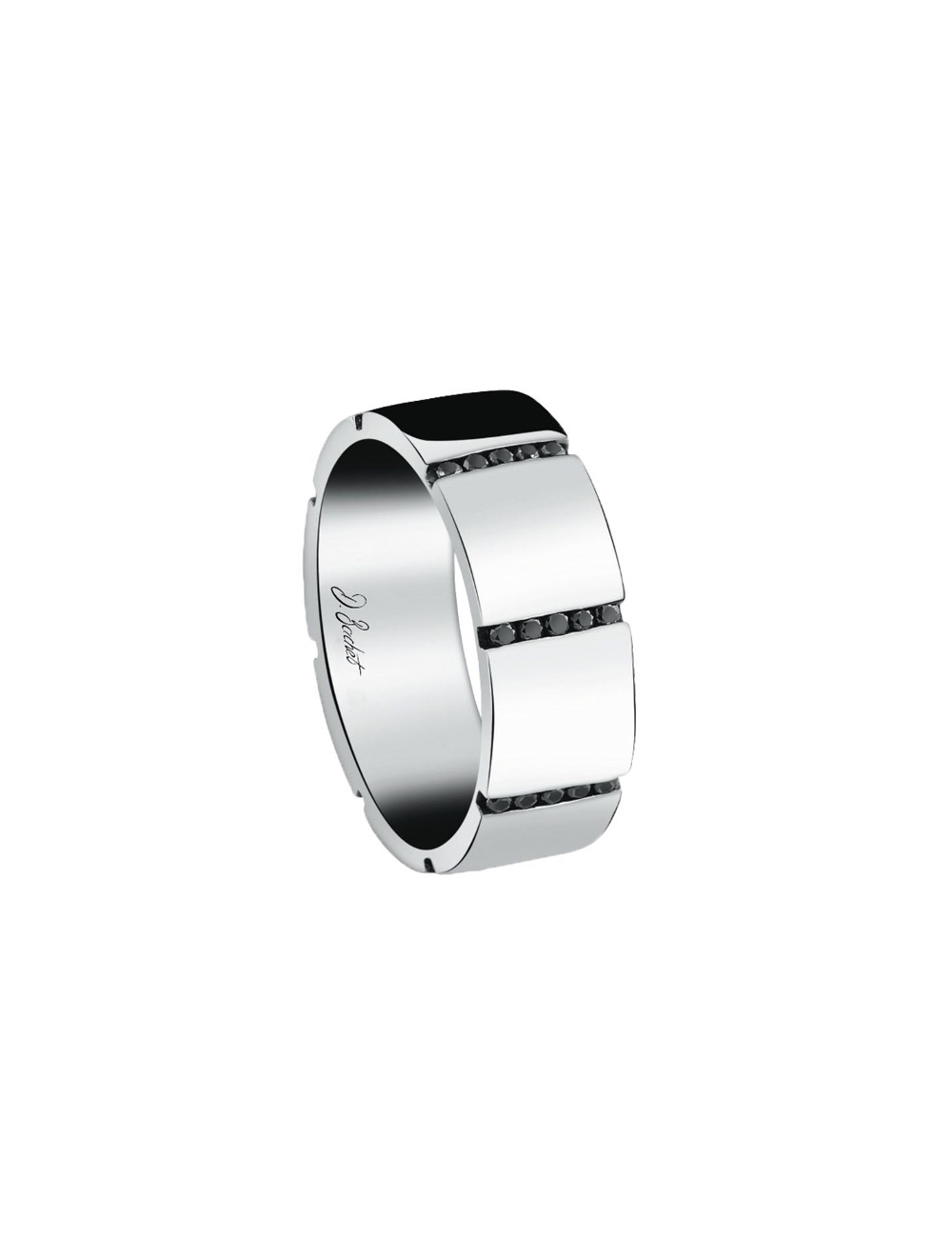 Modern reinterpretation of the wedding ring, a wide band in platinum handset with black diamonds.