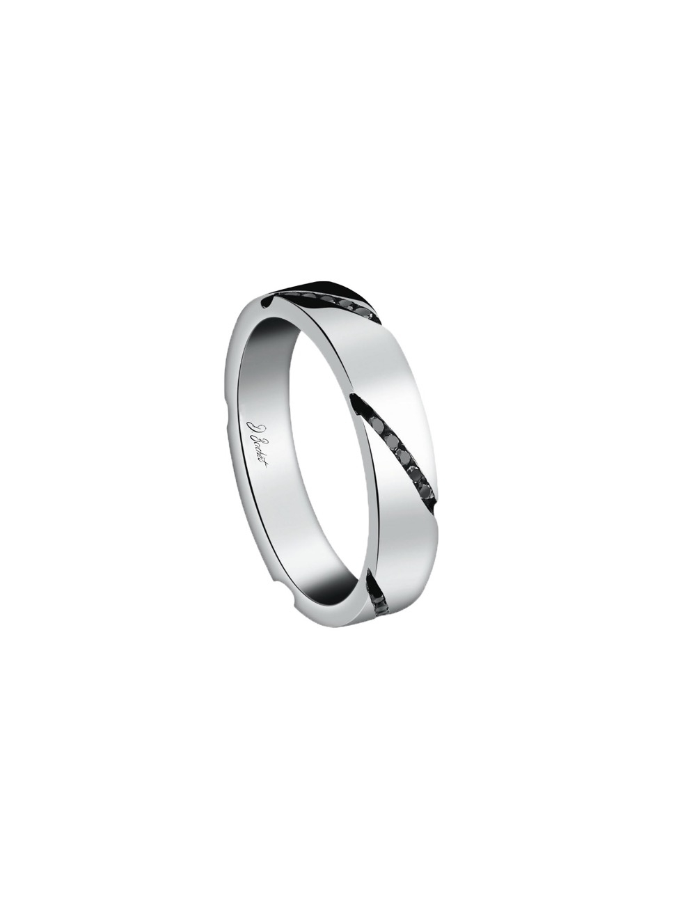 Alliance de mariage ruban en platine pour homme, design moderne, sertie de diamants noirs inclinés.