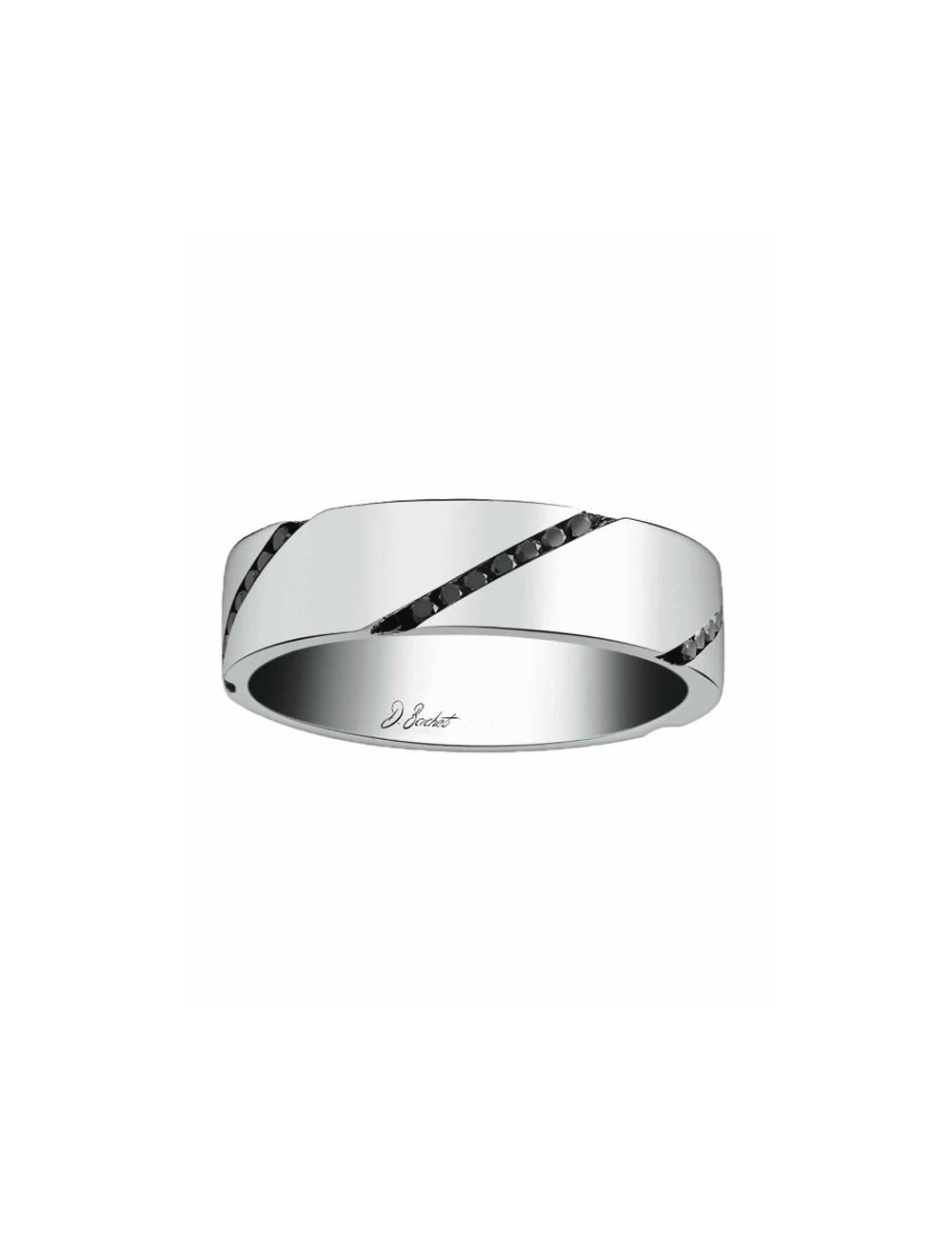 A bold and original wedding ring for men, with black diamonds set in diagonal all around the band.