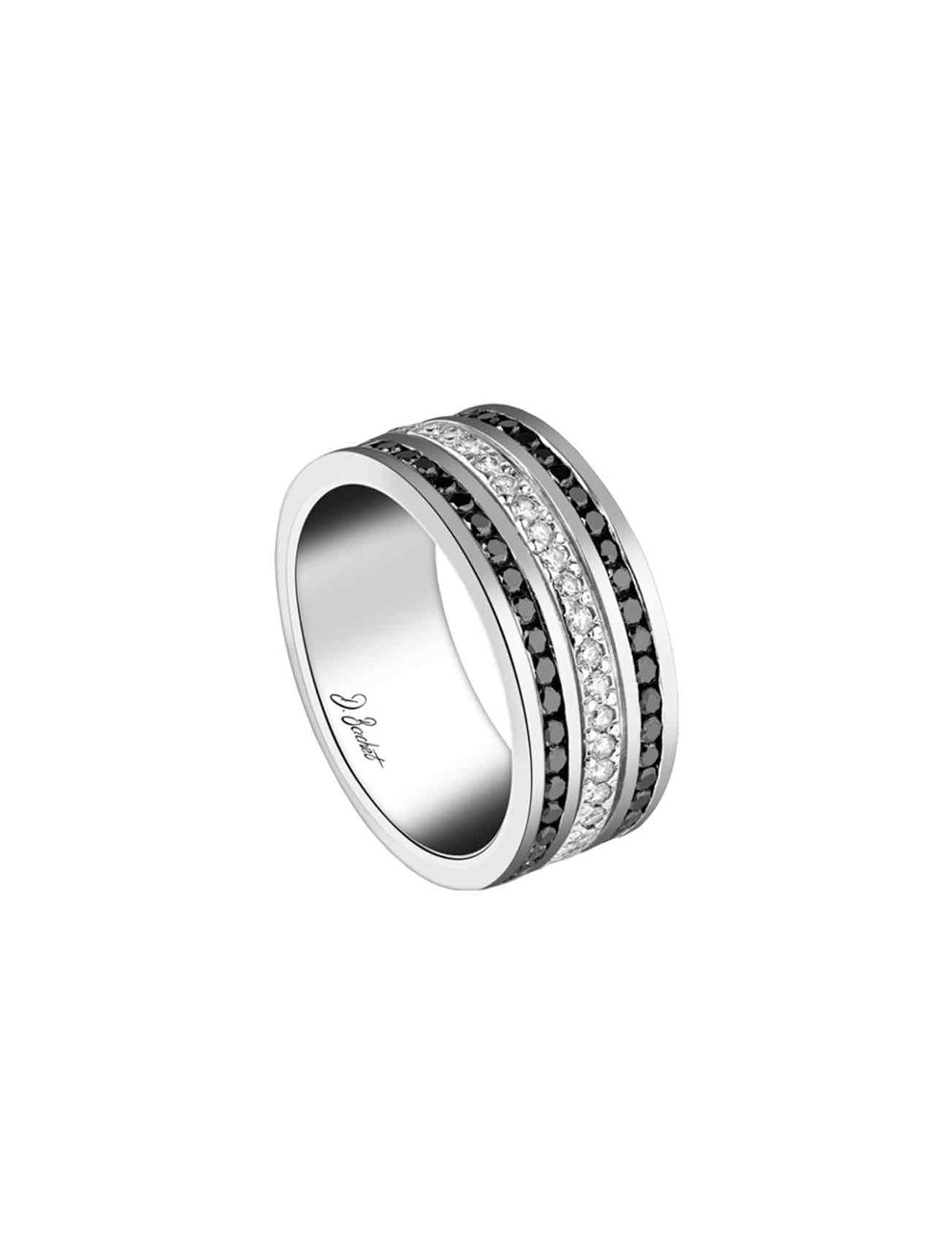 Luxury unisex ring in platinum and set all around with white and black diamonds
