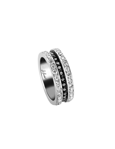 Alliance femme unique diamants blancs et diamants noirs sertis en tour complet de l'anneau