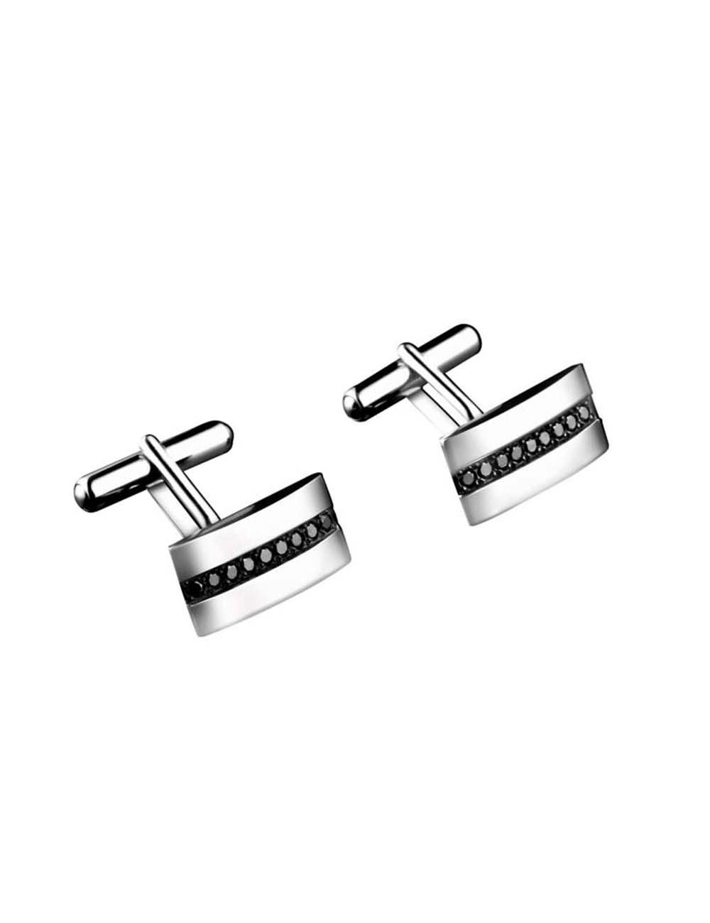 Boutons de manchette en or blanc 18 carats, ligne de diamants noirs, design luxe pour un style audacieux.