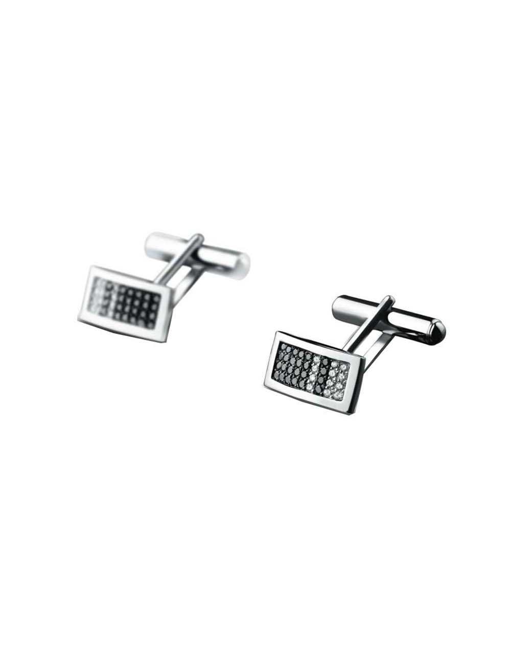 Boutons de manchette homme en or blanc avec pavage de diamants blancs et noirs, design sophistiqué et luxueux.