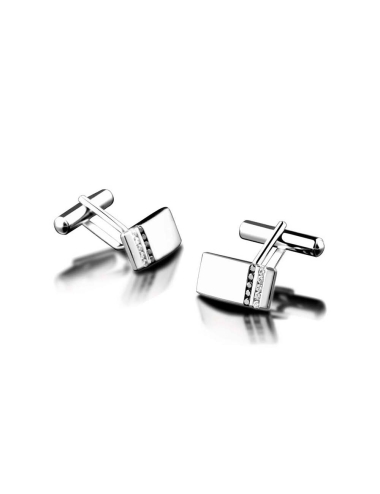 Boutons de manchette Dynamik en or blanc, sertis de diamants blancs et noirs, design moderne et raffiné.