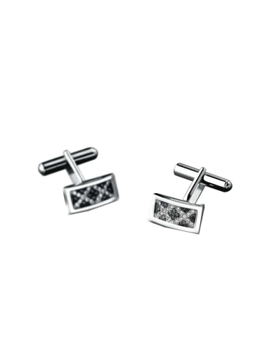 Boutons de manchette Epicurien en or blanc, pavés de diamants noirs et blancs, style Art Déco raffiné.