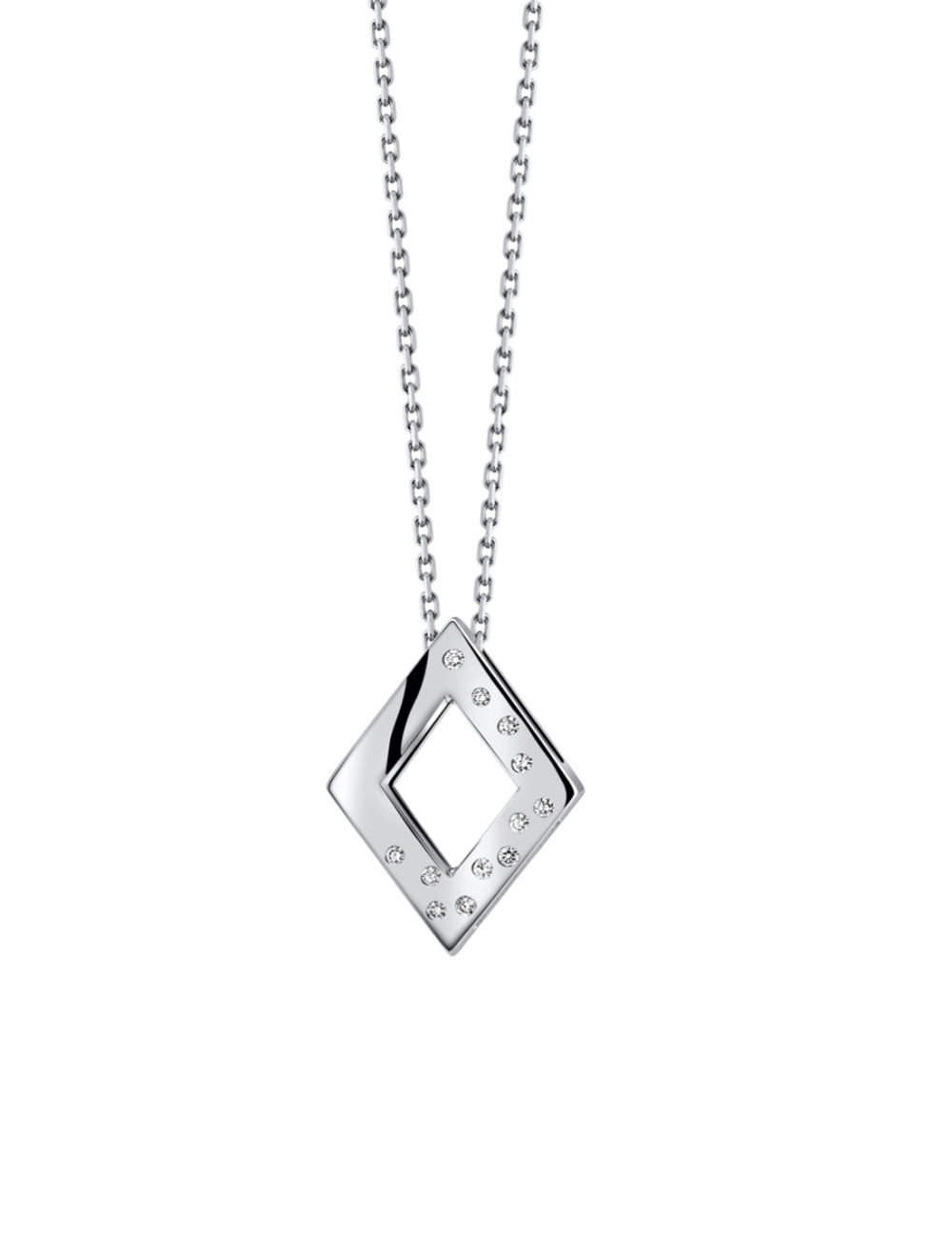 A women's pendant in a diamond shape, made of gold and adorned with white diamonds, suitable for everyday wear.