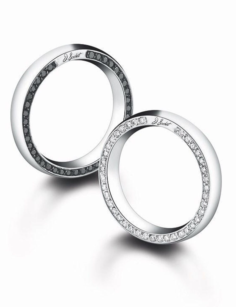 Alliance unisexe 'Subtile' en platine, avec diamants noirs et blancs sertis sur les deux tranches de l'anneau.