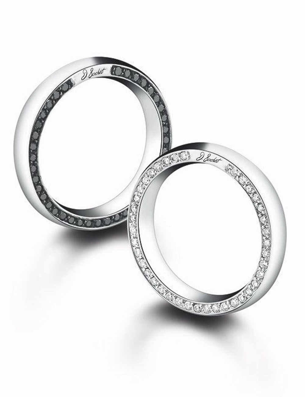 Unisex 'Subtile' platinum ring, set with black and white diamonds on both edges of the band.