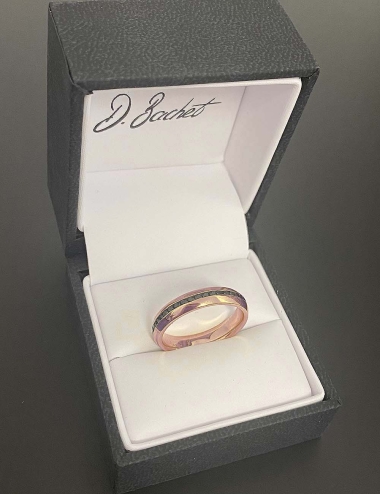 Modern eternity wedding band for men in rose gold and black diamonds