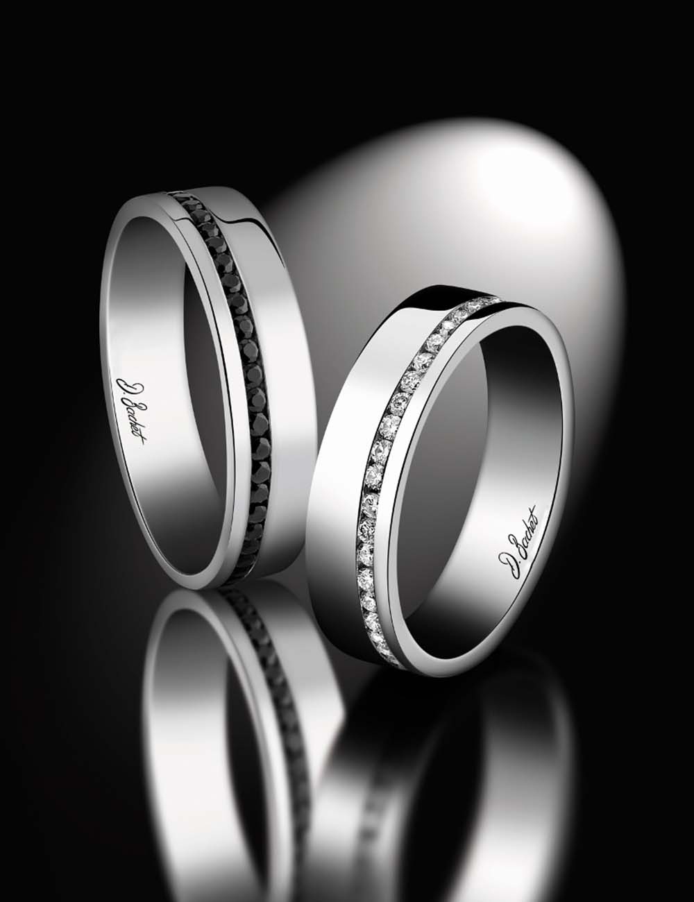 Modern diamond wedding band, sleek design, handcrafted in French workshops with shining metal and white diamonds.