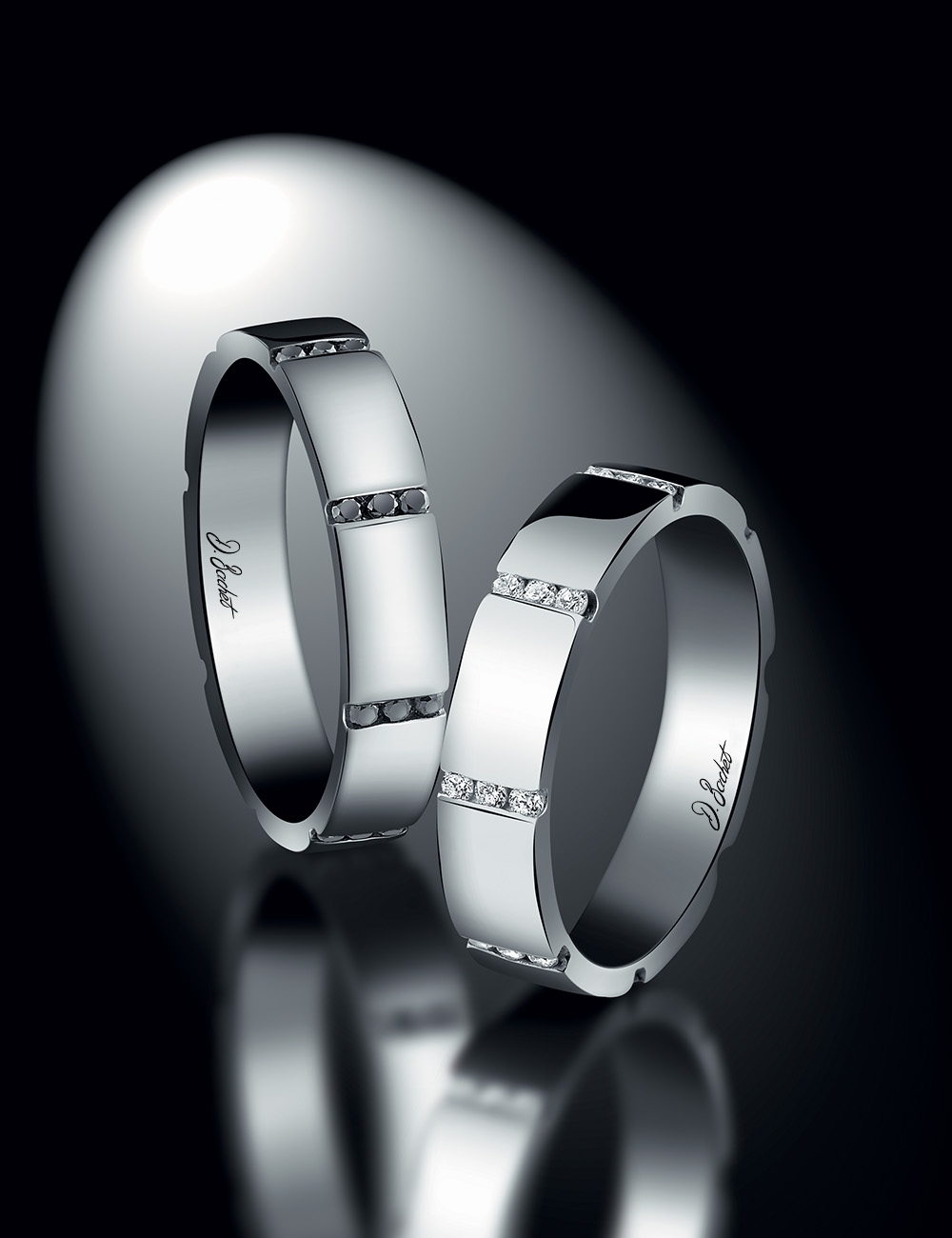 Modern, sophisticated women's wedding band, breaking conventions, with 8 rows of white diamonds symbolizing eternal unity.