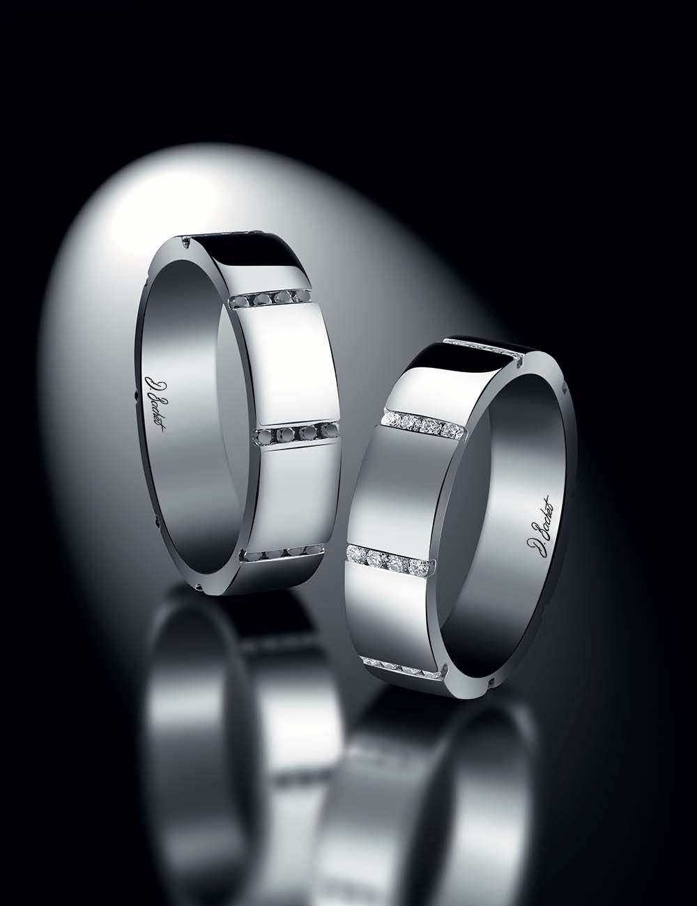 6mm men's platinum wedding band with black diamonds, offering unique contrast in a sleek, graphic design.